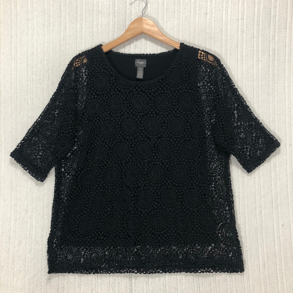 Black Crochet Lace Short-Sleeve Blouse - Anastasia
